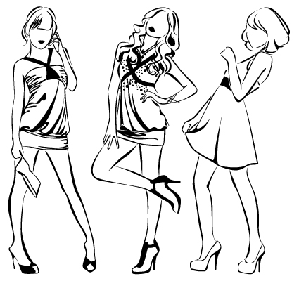 425x400 Set Of Fashion Girl Pencil Sketch Vector 03