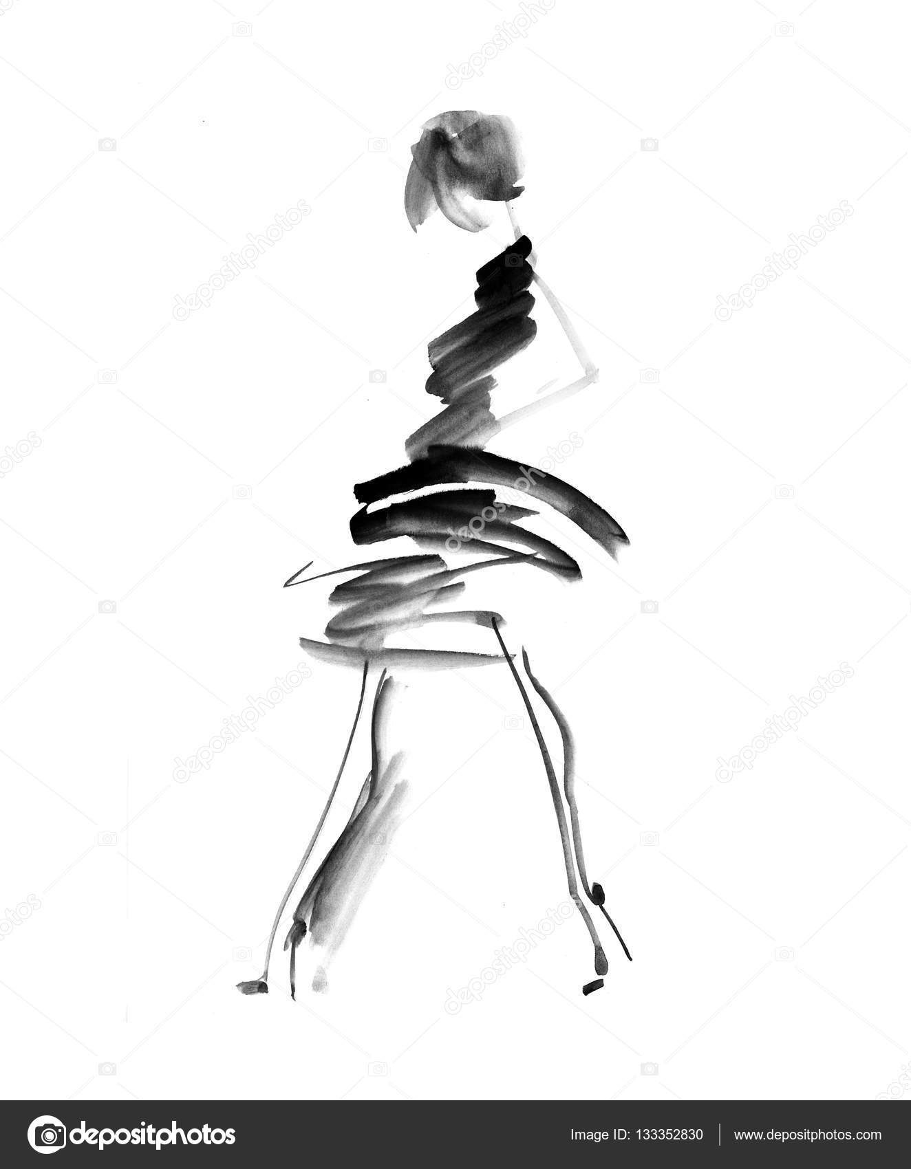 1324x1700 Hand Drawn Black And White Fashion Sketch. Woman Or Girl Decorat