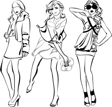 384x368 Set Of Fashion Girl Pencil Sketch Vector Drawing