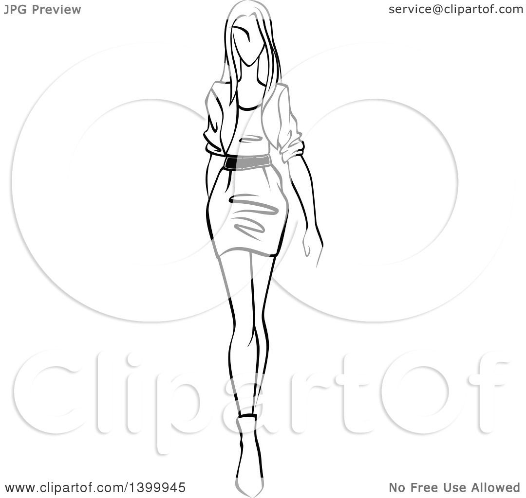 1080x1024 Clipart Of A Sketched Black And White Walking Runway Fashion Model