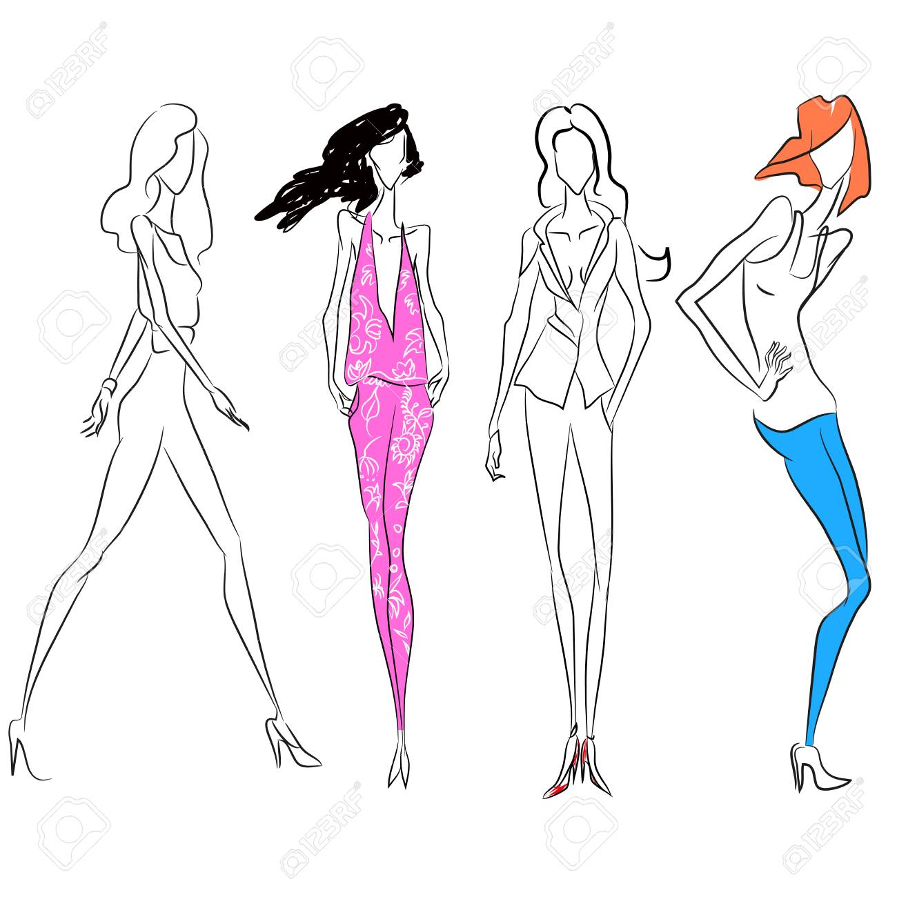 1300x1300 Vector Fashion Line Sketch. Set Of Vector Icons. Models Posing