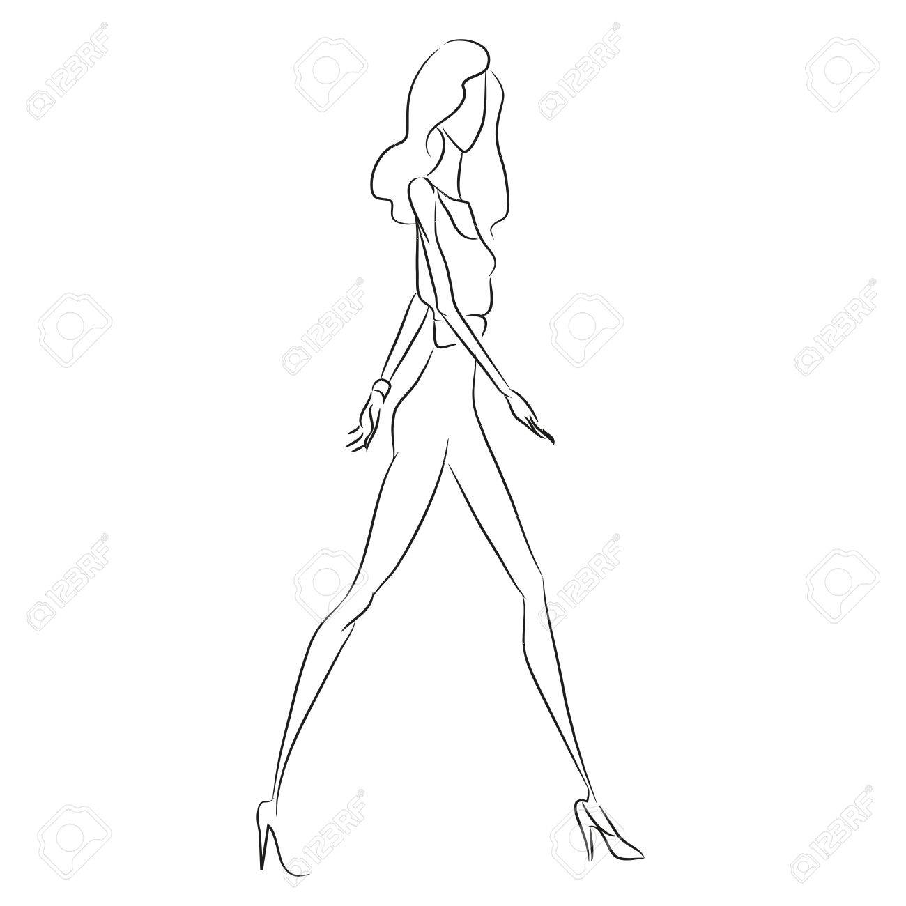 1300x1300 Vector Fashion Sketch. Beautiful Model Walking On Runway