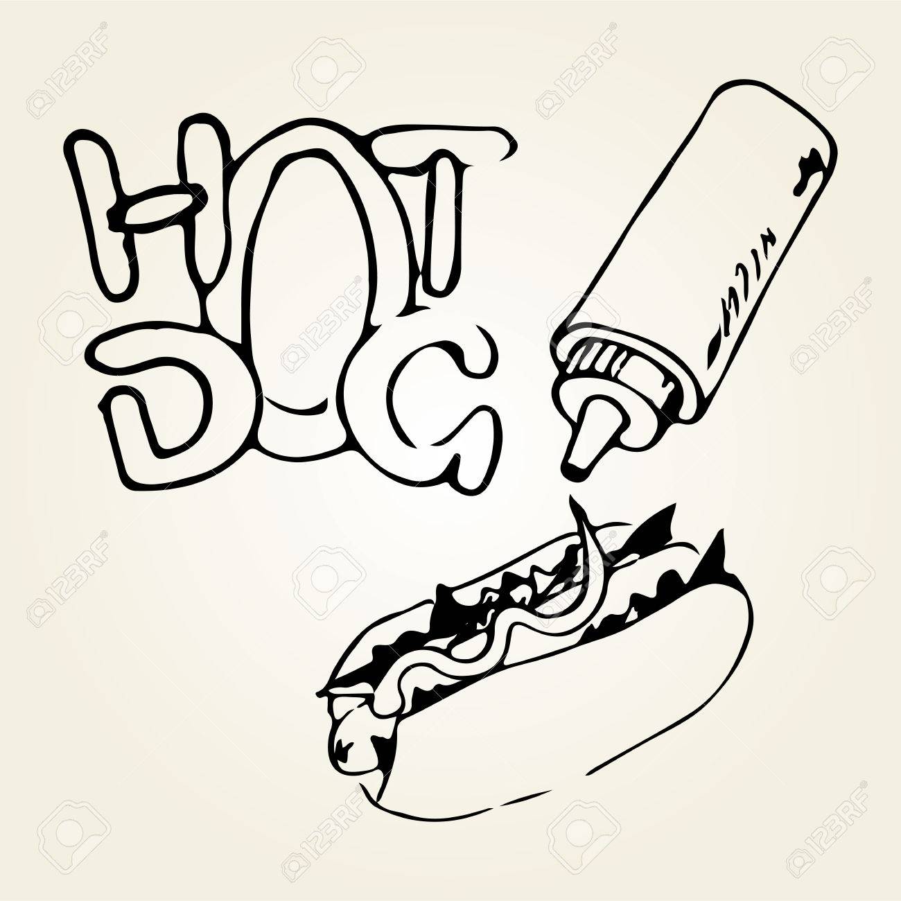 1300x1300 Hot Dog Hand Drawn Illustration. Fast Food Design Elements, Sketch