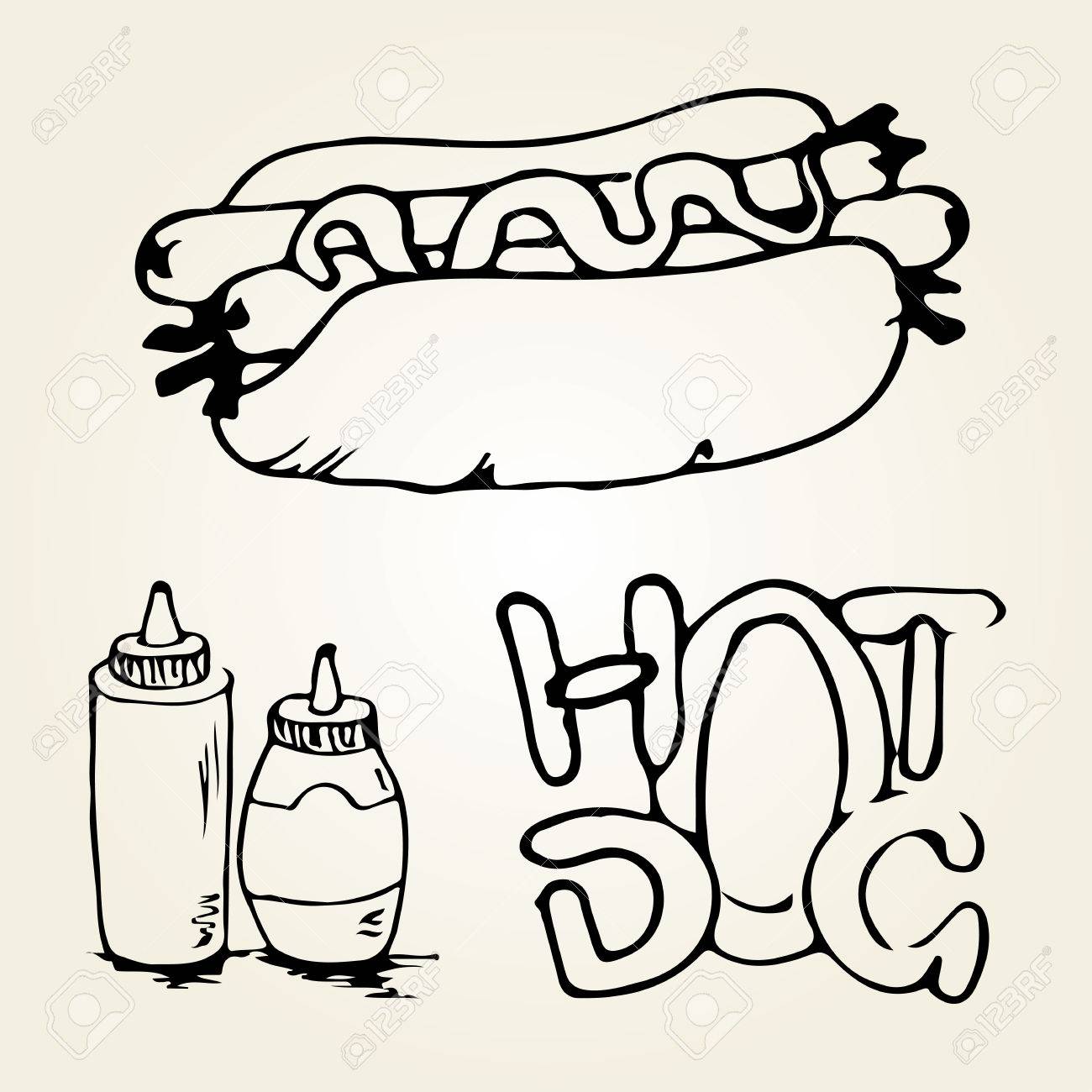 1300x1300 Double Hot Dog Hand Drawn Illustration. Fast Food Design Elements
