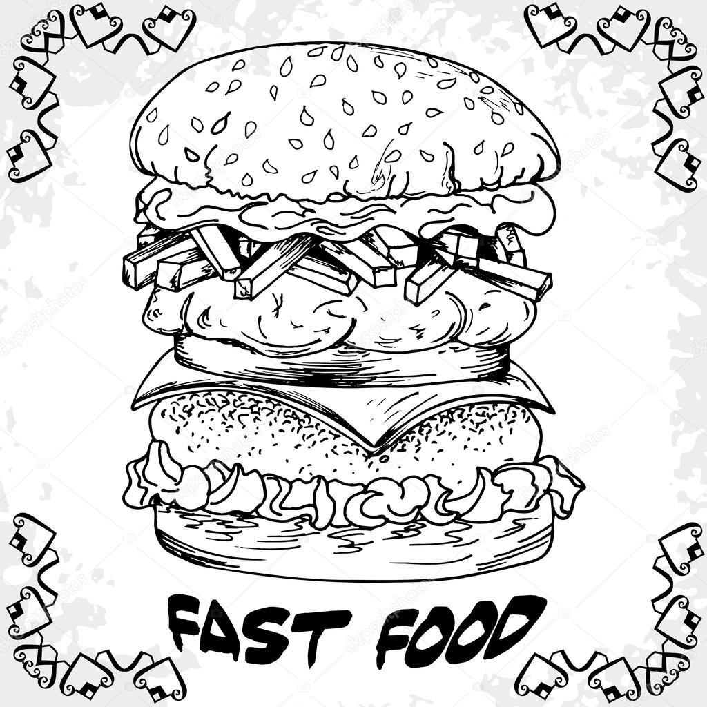 1024x1024 Fast Food Poster With Hamburger. Hand Draw Retro Illustration. V