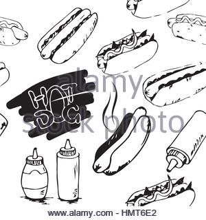 300x320 Hotdogs Seamless Pattern Background. Fast Food Continuous Texture