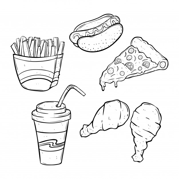 626x626 Set Of Black And White Lunch With Junk Food Or Fast Food Using