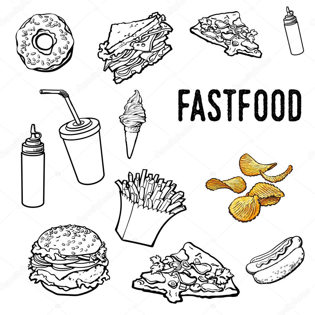 1024x1024 Set Of Black And White Hand Drawn Fast Food Stock Vector