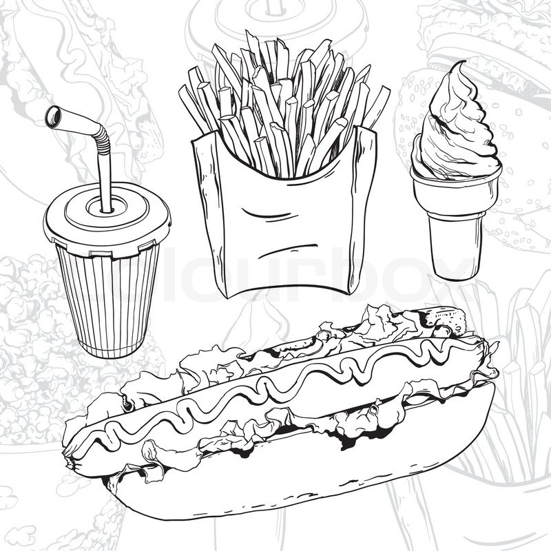 800x800 Vector Hand Drawn Fast Food Set On Abstract Background Stock