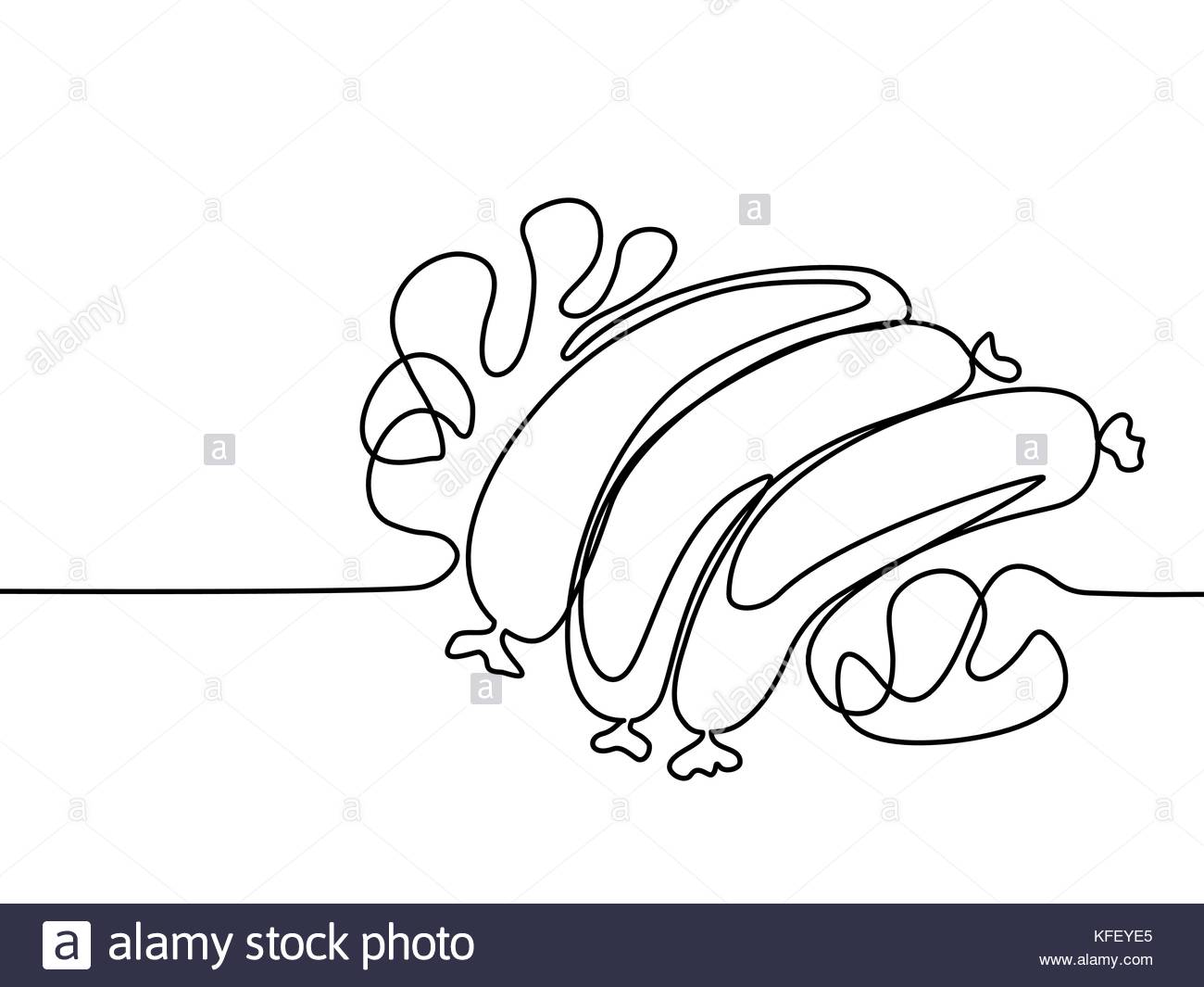 1300x1065 Continuous Line Drawing. Fried Sausages With Lettuce Leaves