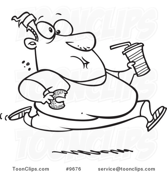 581x600 Cartoon Black White Line Drawing Of A Fat Guy Running