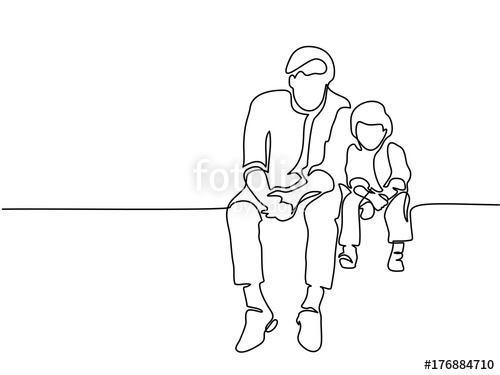 500x375 Continuous Line Drawing. Father And Son Sitting Together. Vector