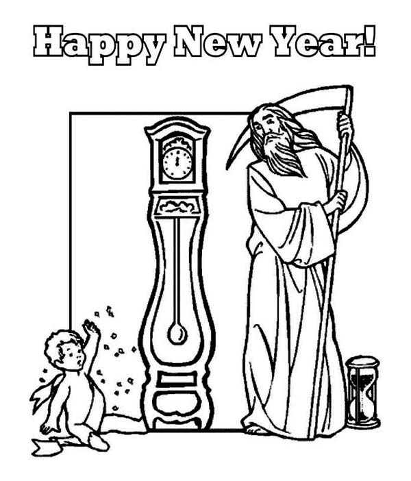 600x702 Father Time And Baby New Year Says Happy New Year To All Coloring