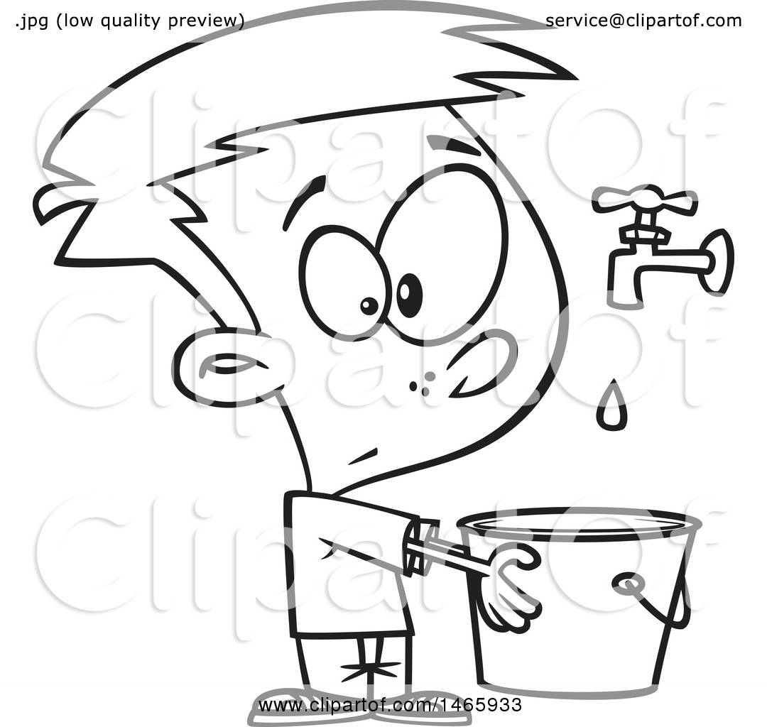 1080x1024 Clipart Of A Cartoon Lineart Boy Holding A Pail Under A Faucet