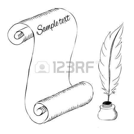 450x450 Paper With Feather Pen And Ink Pot Sketch Royalty Free Cliparts