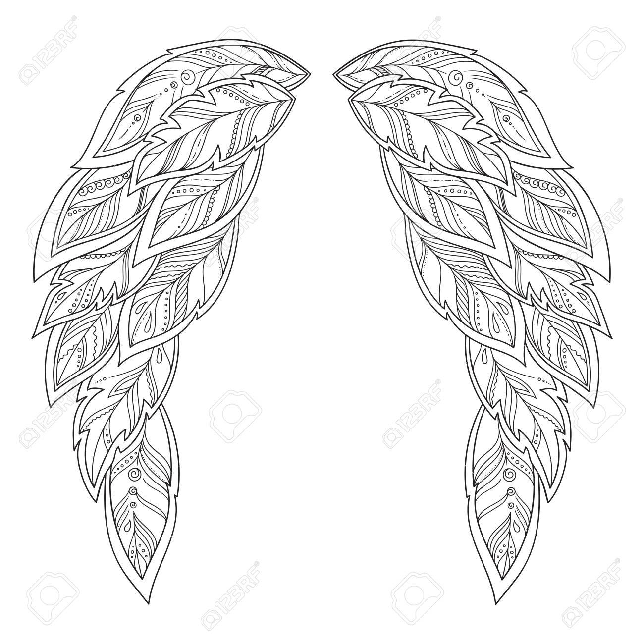 1300x1300 Wings Feather. Pattern For Coloring Book. Ethnic Patterned Vector