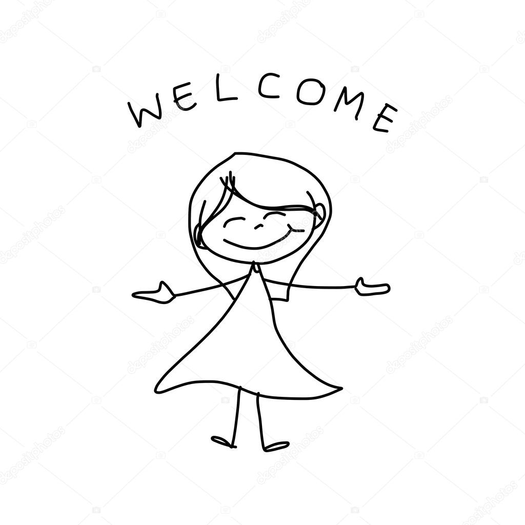 1024x1024 Hand Drawing Cartoon Of Happy Girl In Dress With Welcome Sign