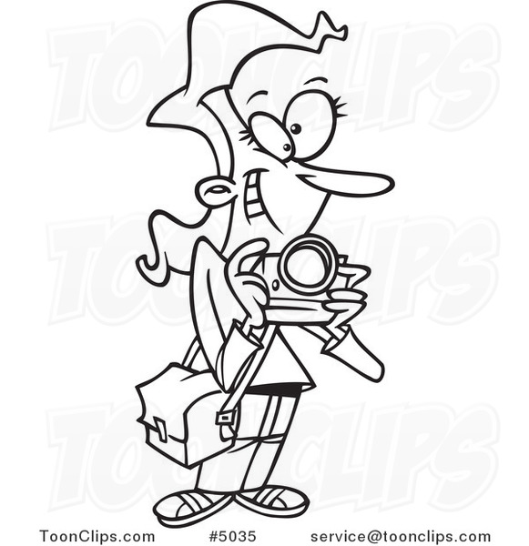 581x600 Cartoon Black And White Line Drawing Of A Female Photographer