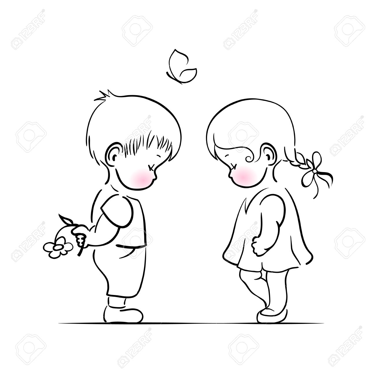 1300x1300 Shying Boy And Girl Hand Drawing Illustration. Vector Template