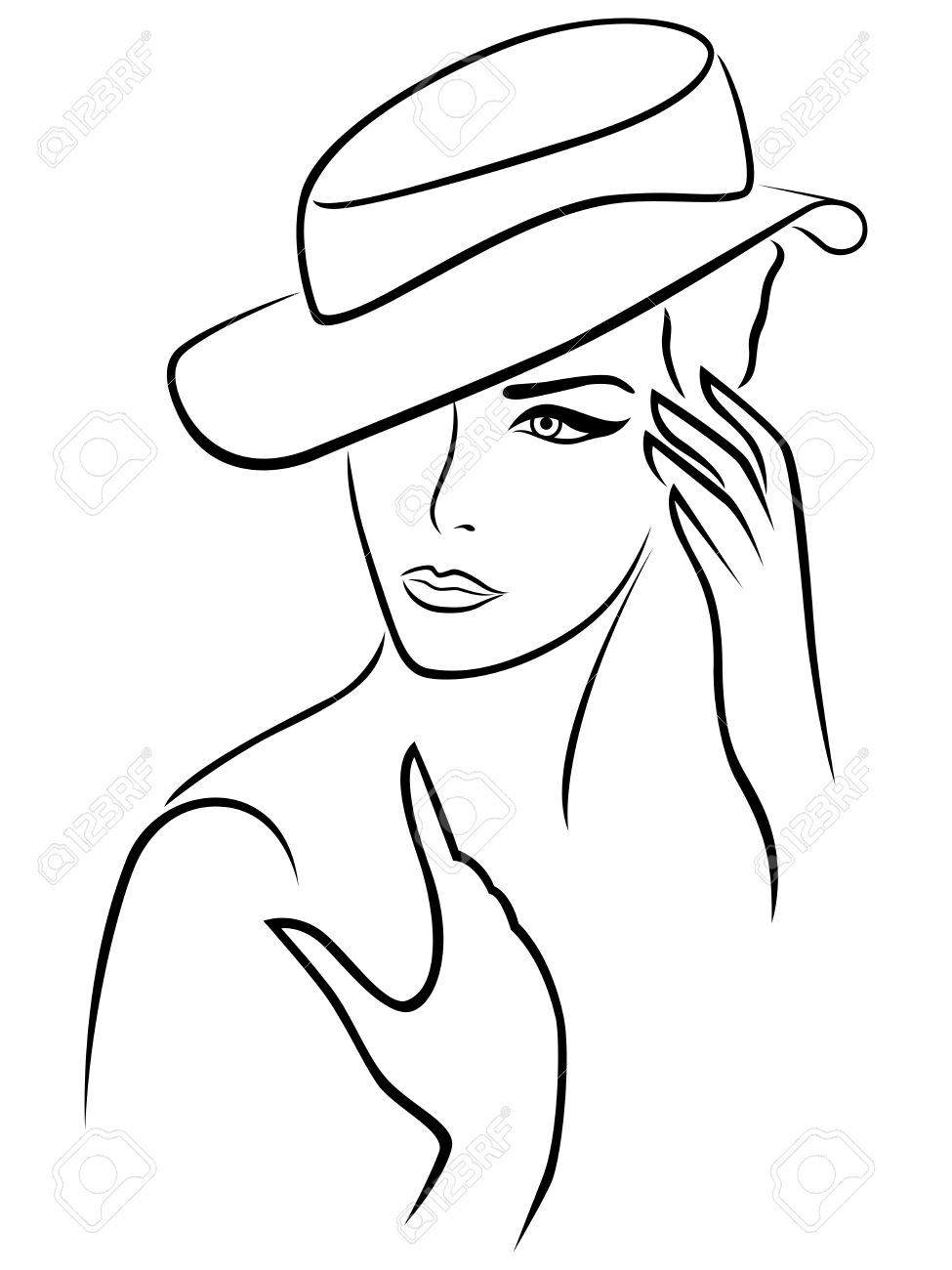 975x1300 Elegant Young Woman In A Hat, Hand Drawing Black Vector Outline