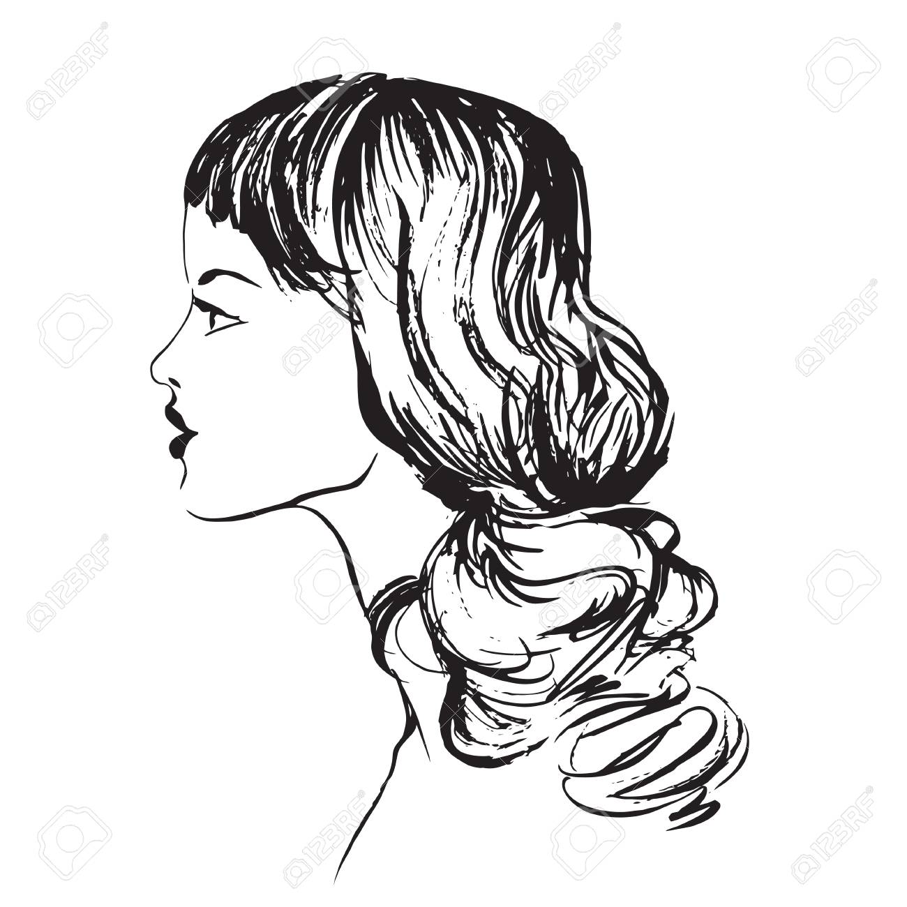 1300x1300 Hand Drawn Profile Of Young Woman. Isolated On White Background