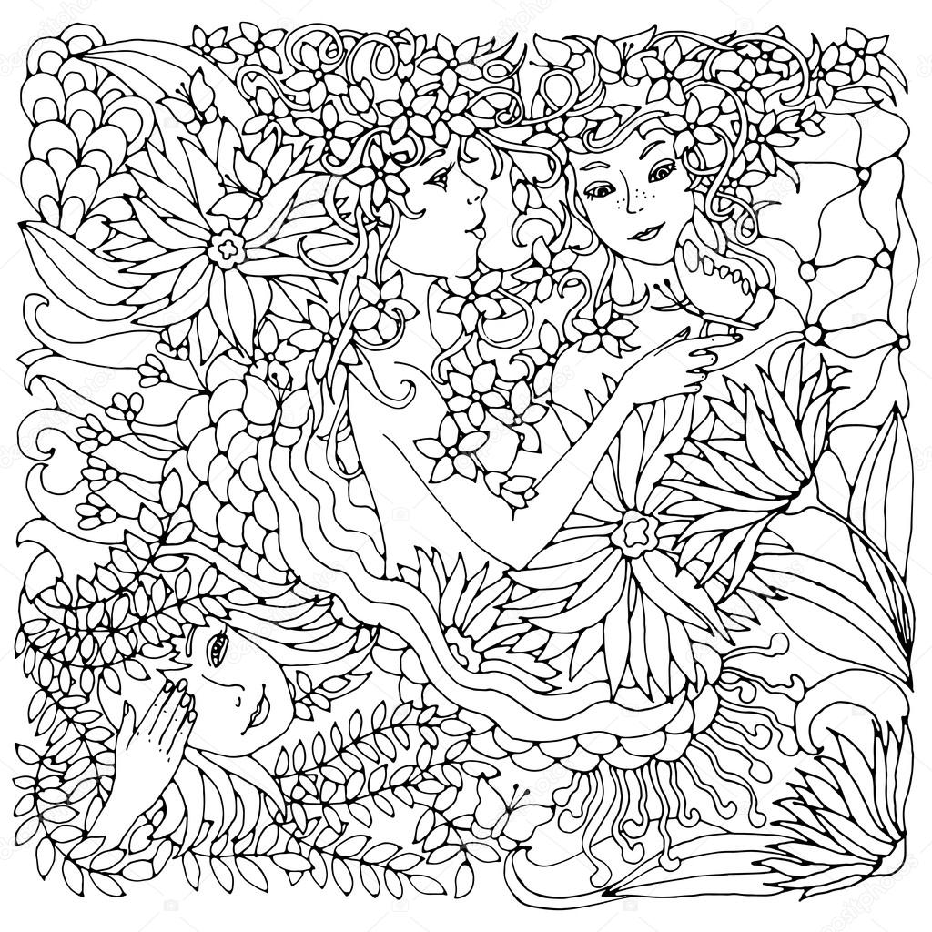 1024x1024 Floral Decorative Square Element With Surreal Female Faces, Leaves