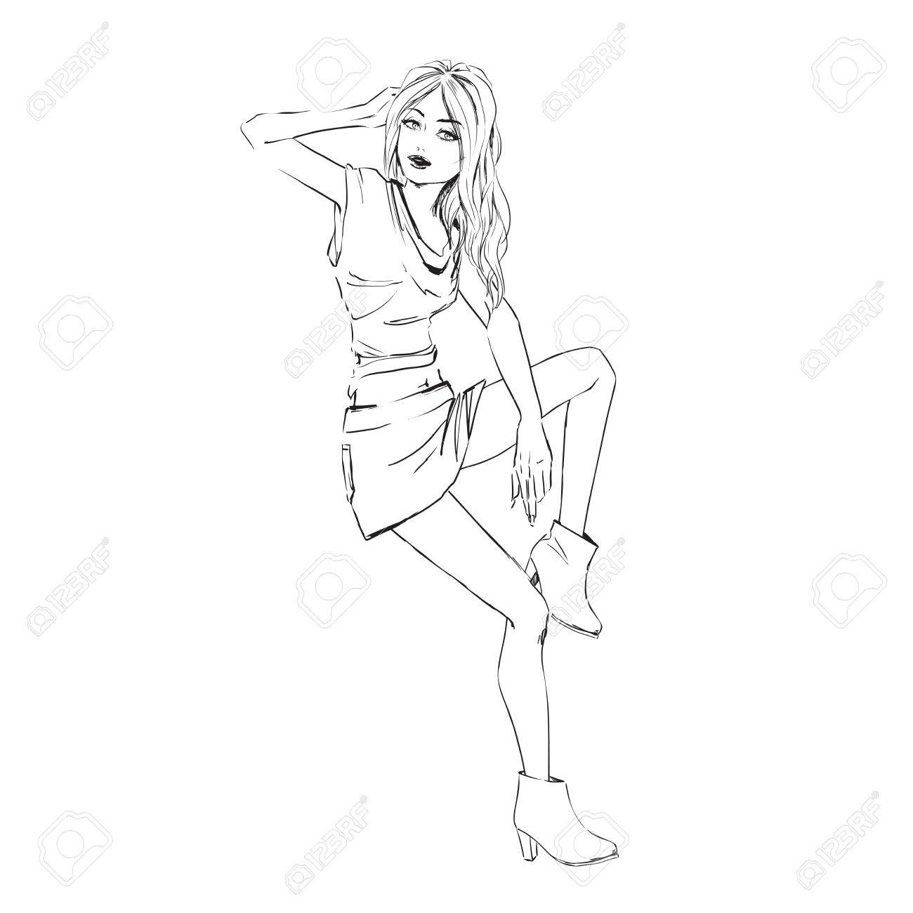 1300x1300 Fashion Sketch Of Elegant Girl In Summer Dress. Isolated Drawing