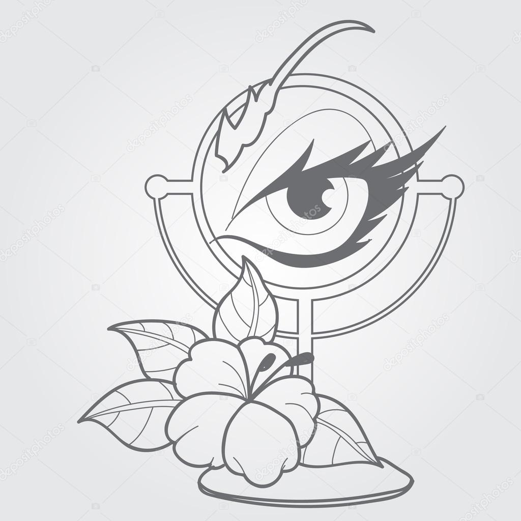 1024x1024 Round Mirror With A Large Female Eye And A Flower. Outline Drawing