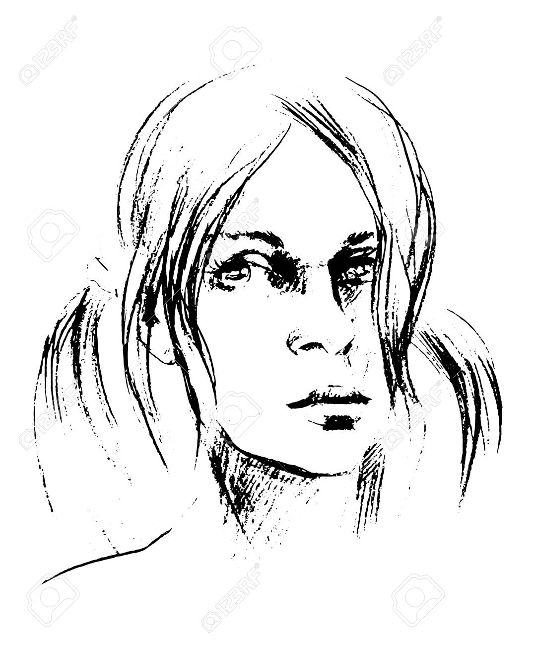 1074x1300 Vector Hand Drawn Pencil Sketch With Face Of A Girl. Female