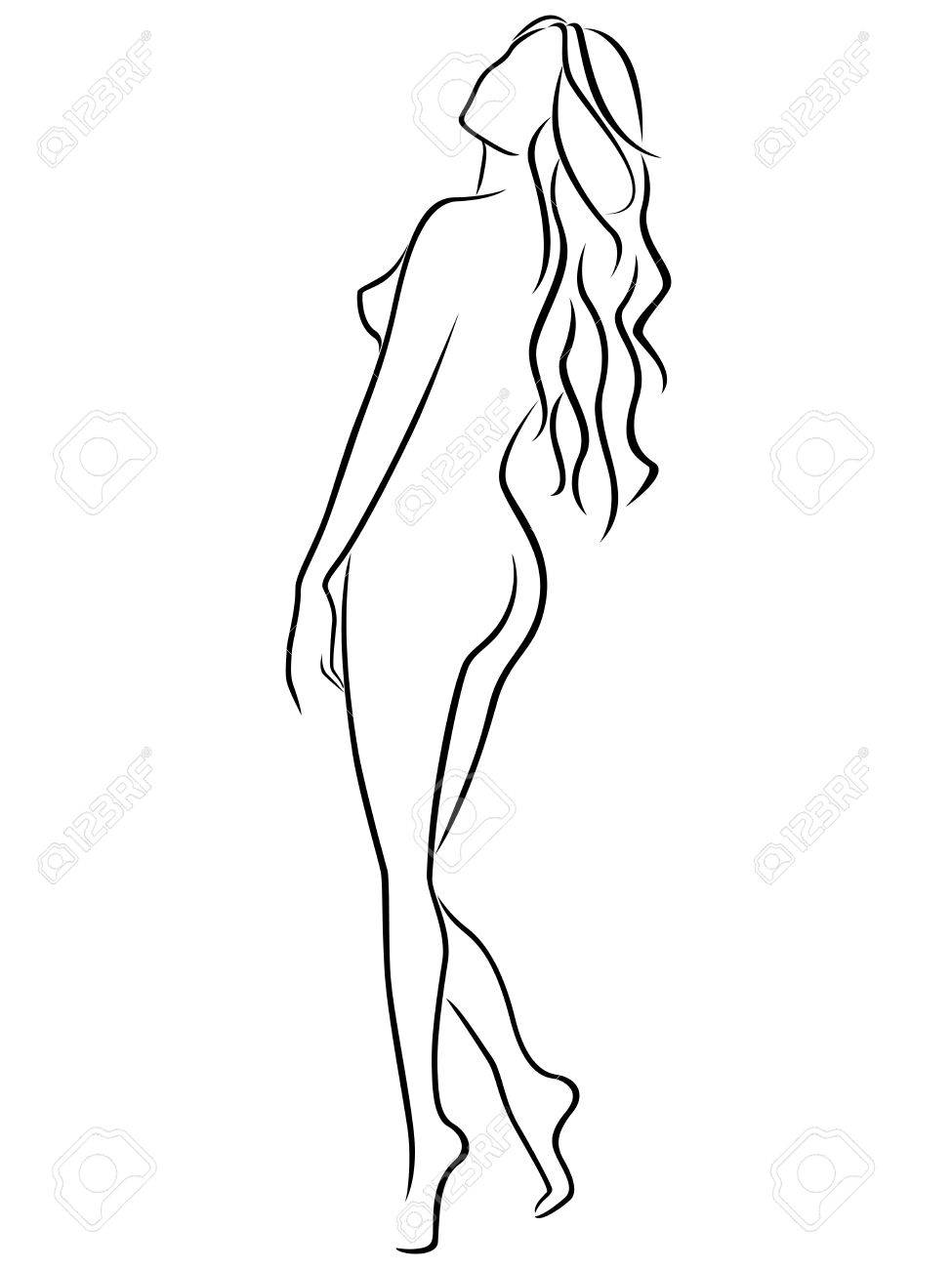 975x1300 Abstract Outline Of Female Half Turn Back, Black Over White Hand