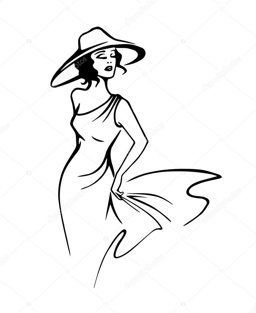 836x1024 Silhouette Of Beautiful Woman In Outline Style In Hat Vector