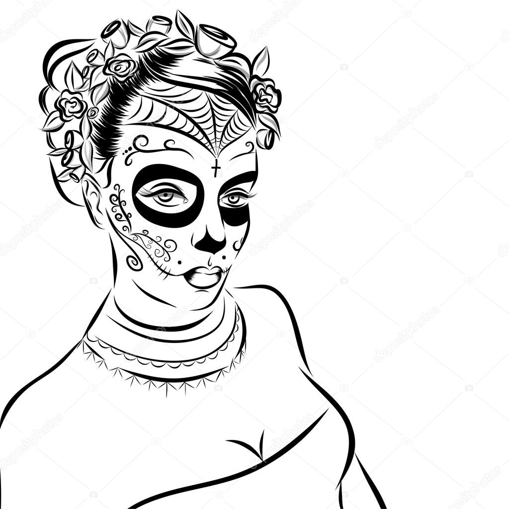 1024x1024 Skull Girl With Flowers. Black And White Illustration. Vector