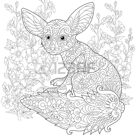450x450 Coloring Page. Fennec Fox And Mallow Flowers. Freehand Sketch