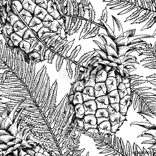 500x500 Seamless Pattern With The Image Of A Pineapple And Fern Leaves