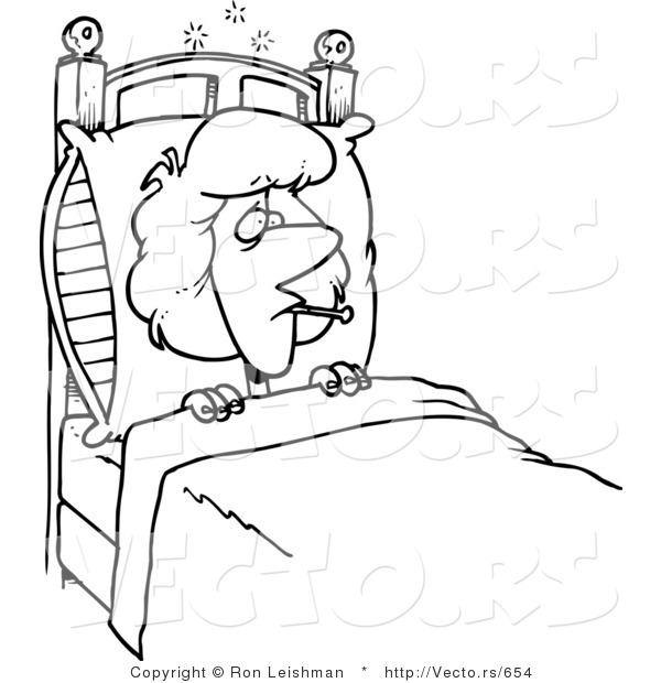 600x620 Vector Of A Sick Cartoon Woman Laying In Bed With A Fever