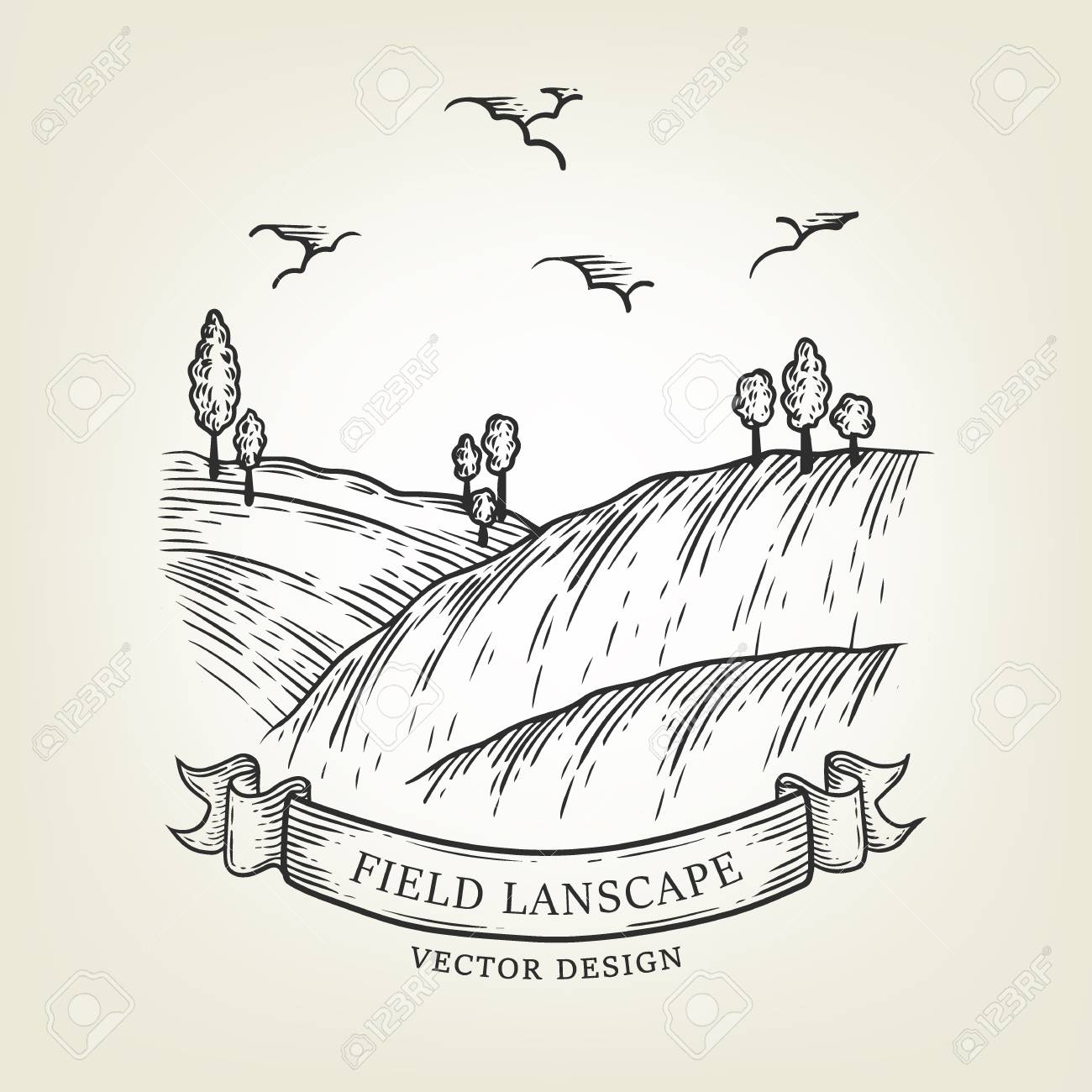 1300x1300 Sketch Of Field Landscape With Hills And Trees. Vector