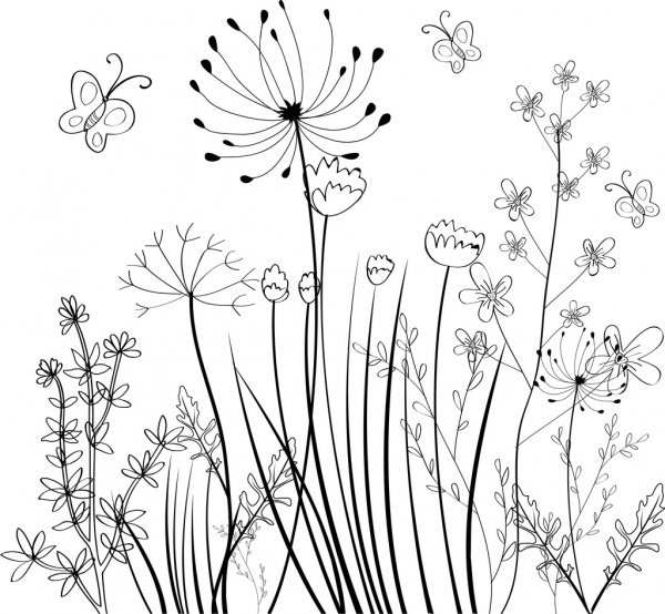 600x554 Wild Flowers Field Background Black White Sketch Free Vector