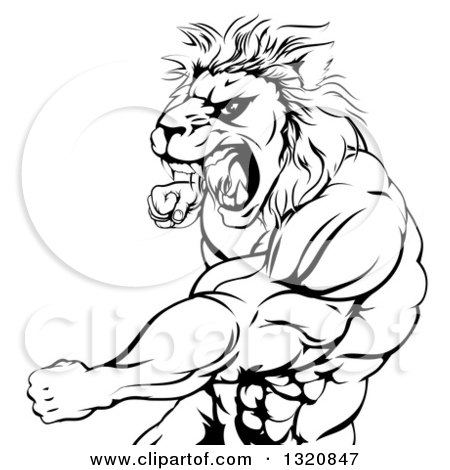 450x470 Clipart Of A Black And White Fierce Angry Muscular Lion Man
