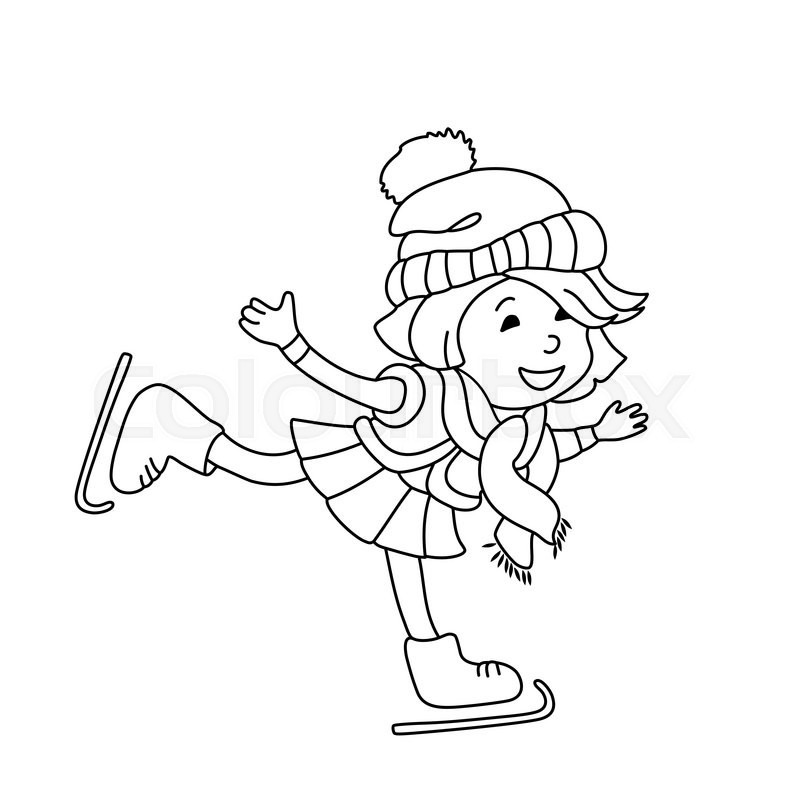 800x800 Girl Skating On Ice. Outline Cartoon Character For Coloring Book