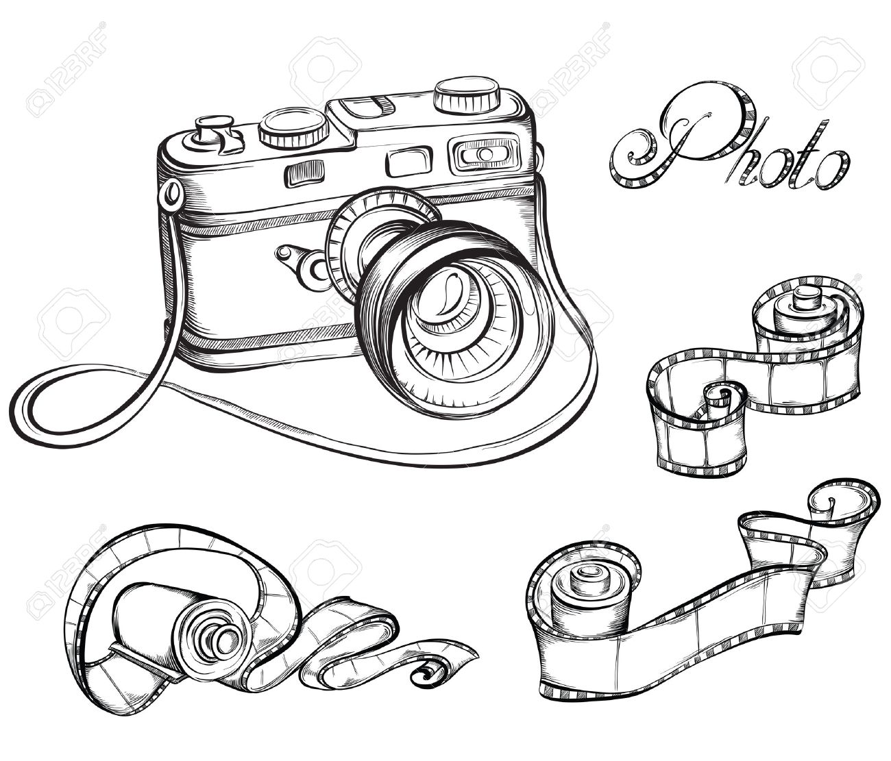 1300x1111 Collection Of Film Strip Roll And Retro Camera. Hand Drawn Vector