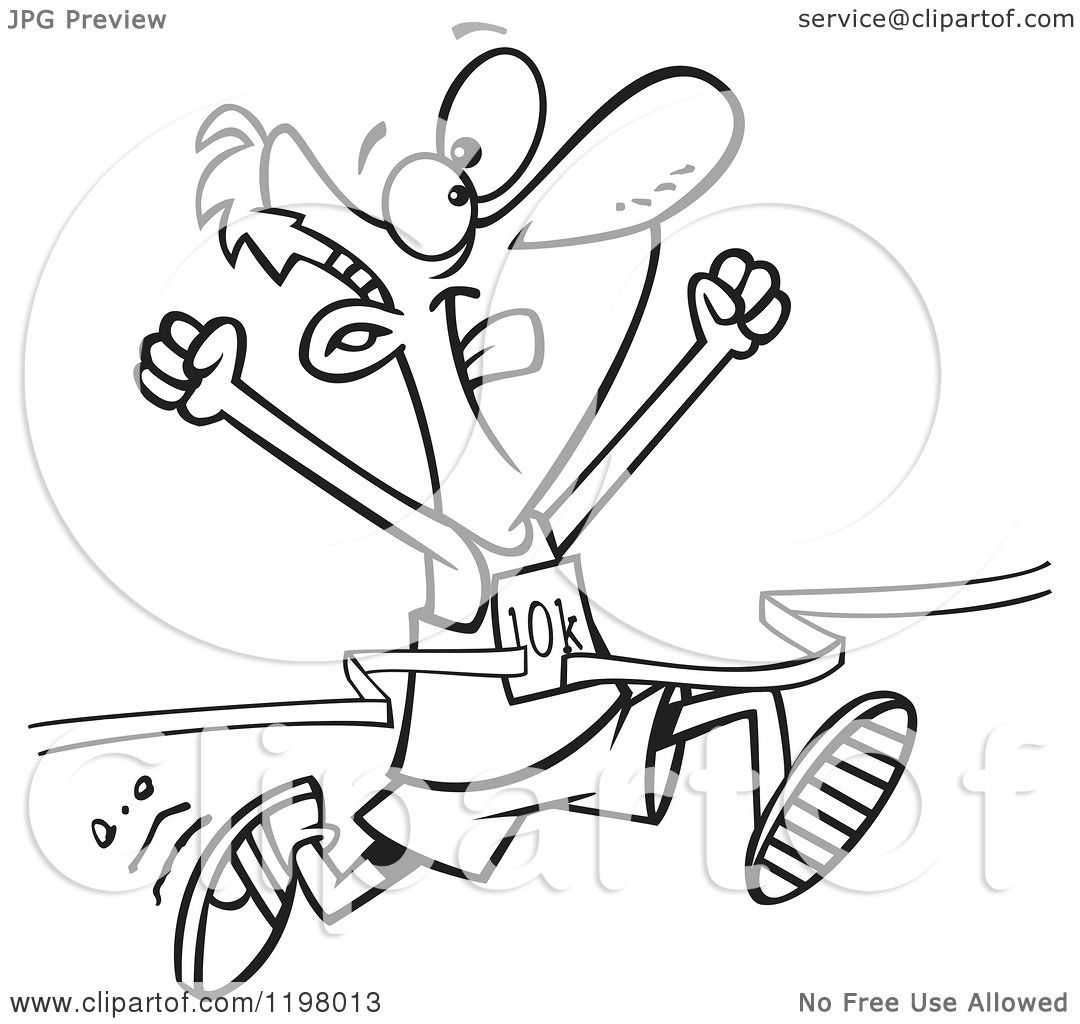 1080x1024 Cartoon Of An Outlined Male 10k Runner Crossing The Finish Line