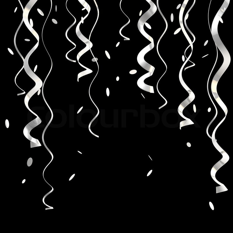 800x800 Silver Ribbons And Confetti Background Isolated On Black Stock