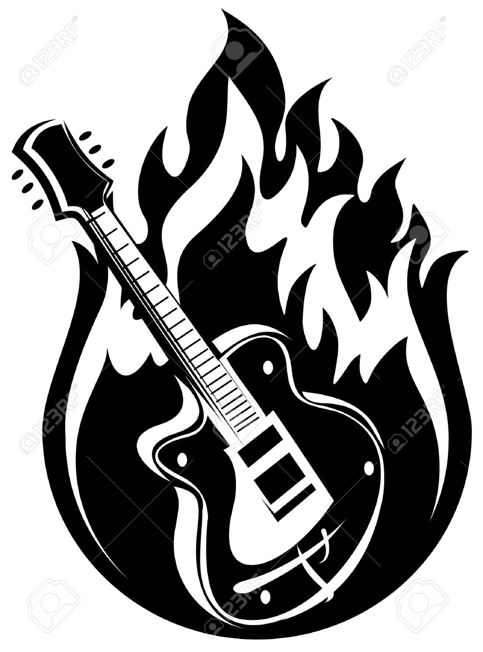 964x1300 Stylized Electric Guitar And Fire On A White Background. Royalty
