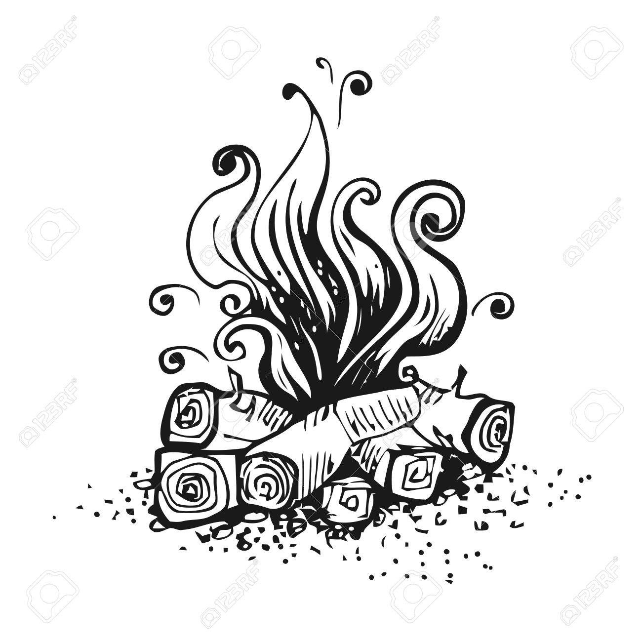 1300x1300 Campfire, Fire Over Wood Logs. Black And White Graphic Vector