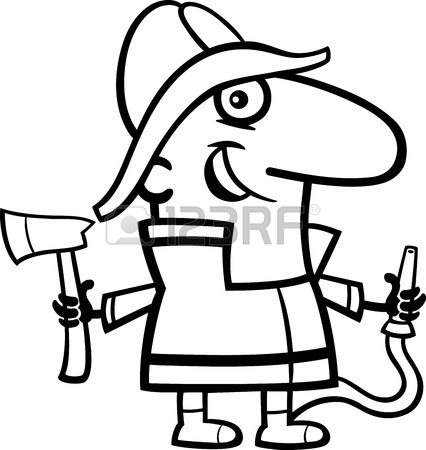 426x450 Black And White Cartoon Illustration Of Funny Fireman In Uniform