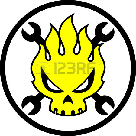 450x450 Skull Cartoon Fire Vector. Mechanic Icon. Sticker Design Stock