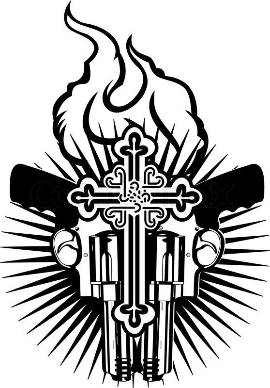 558x800 Fire Heart, Guns And Cross. Black And White Vector Illustration