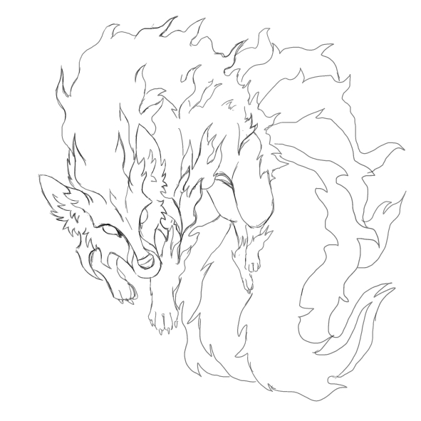 591x591 Fire Kitsune Line Art By Lone Wolfkay