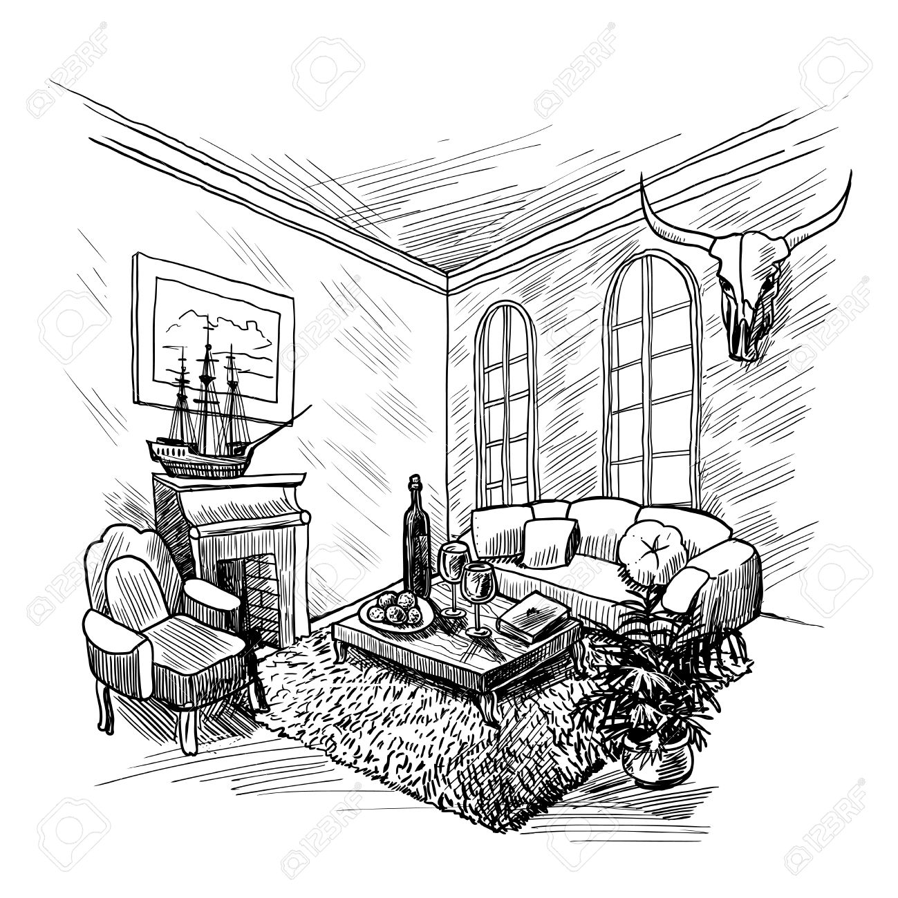 1299x1300 Room Interior Sketch Background With Fireplace Couch And Table