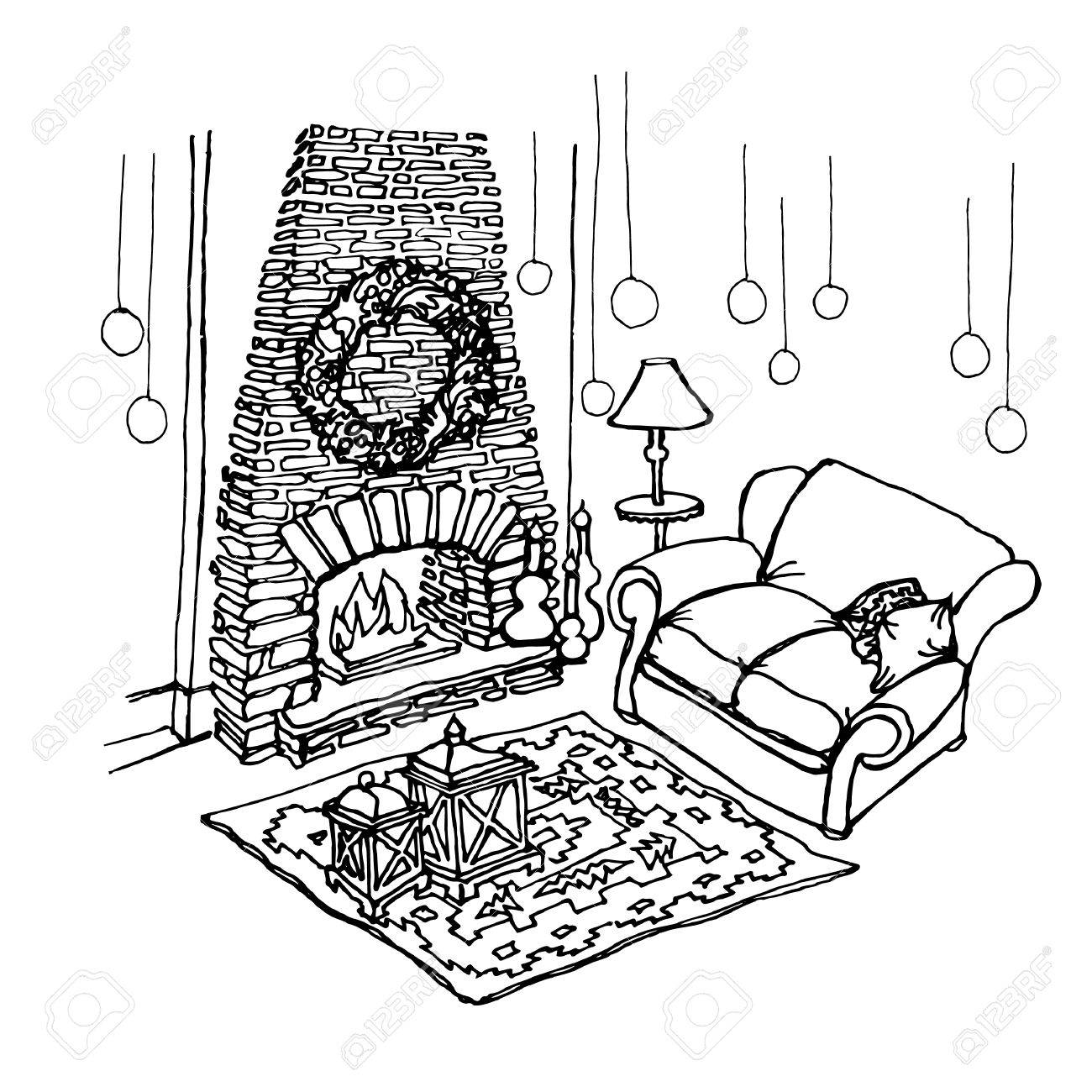 1300x1300 Sketch Fireplace Stone, Furniture, Sofa, Rug, Candles, Christmas